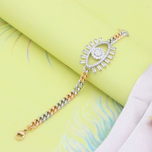 Sparkling Eye Charm Rose Gold and Silver Bracelet for Stylish Look, XPBL0646 - Picture 4 of 12